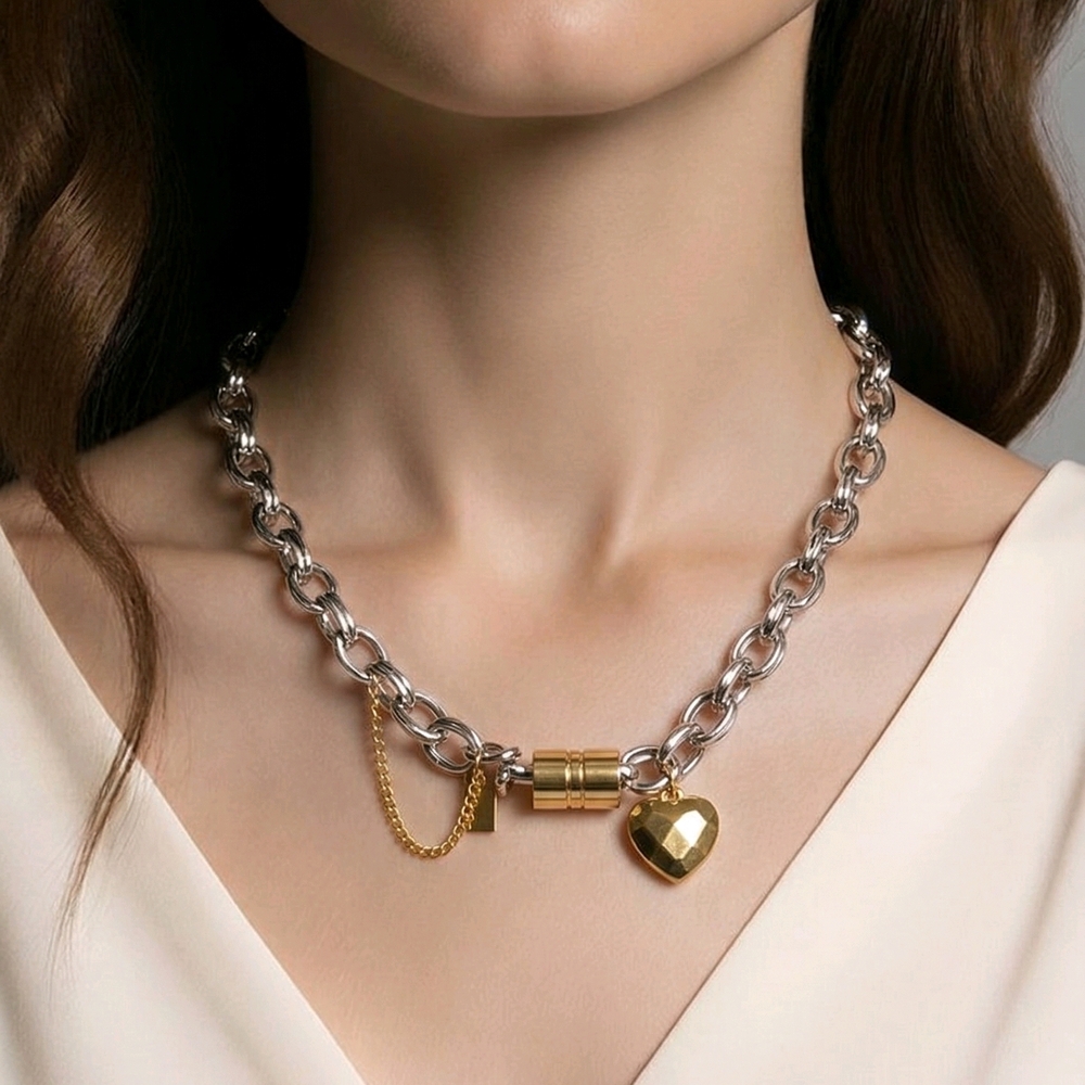 Mixed Metal Chunky Chain Necklace Gold Heart Charm Silver Stainless Steel 18K